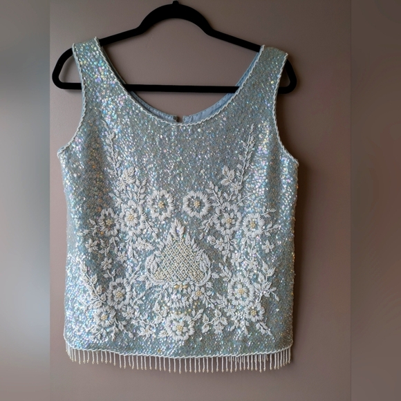 Vintage Regalia Imports Sequin Tank White Floral Beads on Blue Wool L - Picture 1 of 16